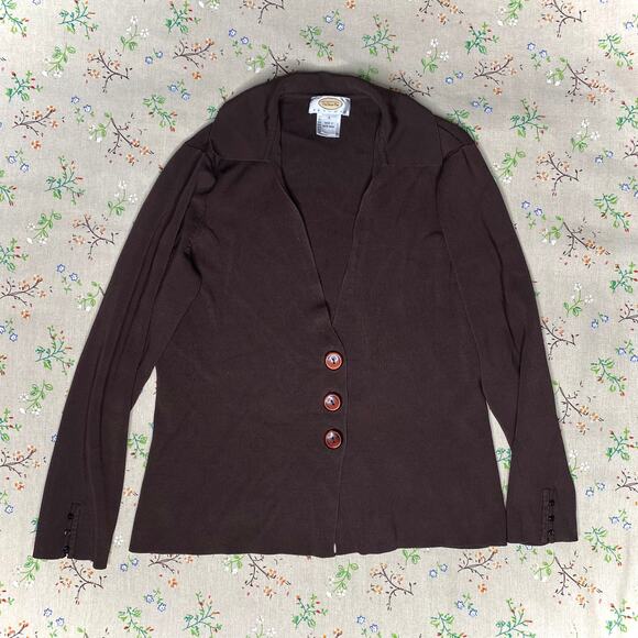 VTG Talbots Brown Cardigan Button Front Blazer Long Sleeve V Neck Small Petite - Picture 1 of 4
